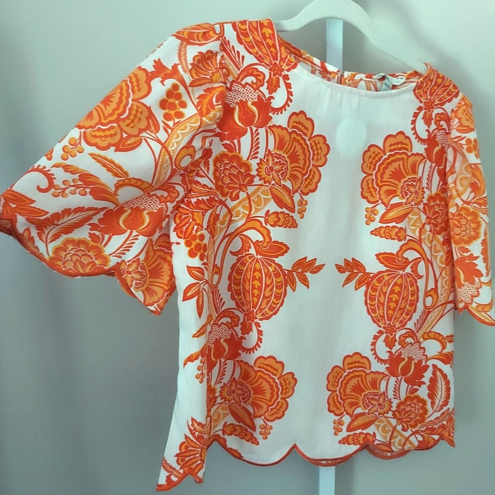 Cato Orange Floral Scalloped Blouse Top 14/16W Boho Coastal Tropical Mod
